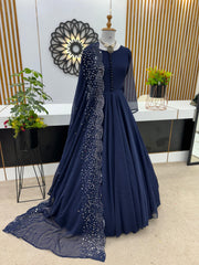 Party Wear Plain Navy Blue Color Gown