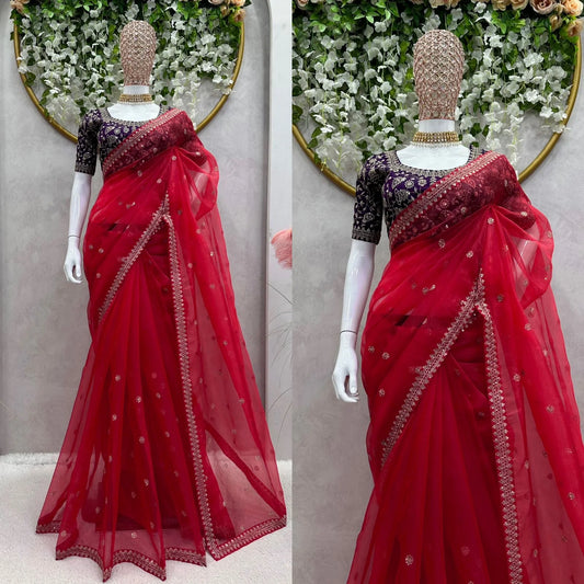 Wonderful Red Color Sequence Work Organza Saree