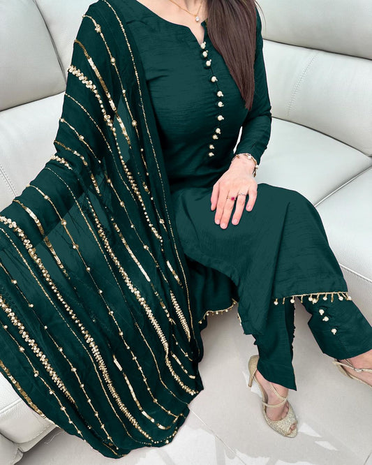 Beautiful Look Green Color Designer Kurti Pent With Dupatta