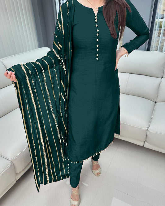 Beautiful Look Green Color Designer Kurti Pent With Dupatta