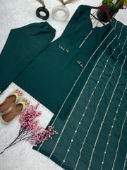 Beautiful Look Green Color Designer Kurti Pent With Dupatta