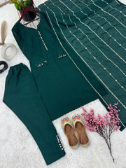 Beautiful Look Green Color Designer Kurti Pent With Dupatta