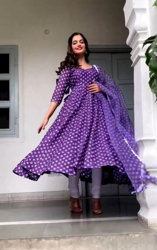 Purple Color Digital Printed Gown With Duppata