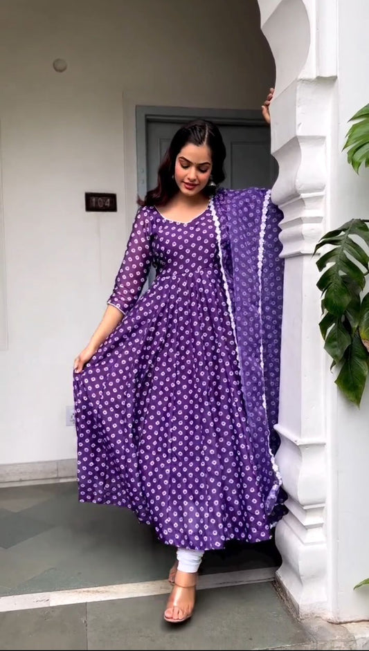 Purple Color Digital Printed Gown With Duppata