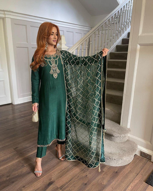 Charming Green Color Heavy Pur Slub Silk Salwar Suit