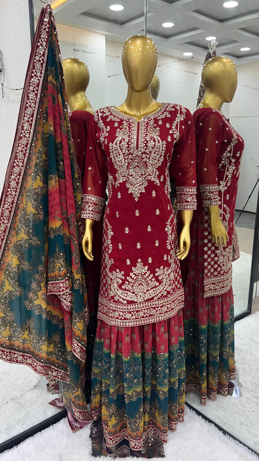 Innovative Red Color Embroidery Work Sharara Suit