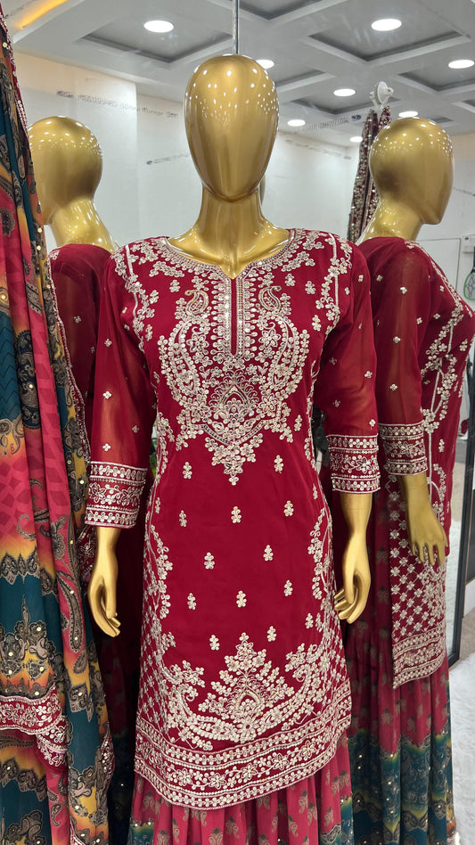 Innovative Red Color Embroidery Work Sharara Suit