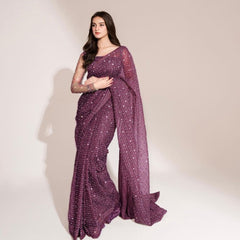 Fashionable Siroski Dimond Work Wine Color Saree