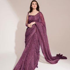 Fashionable Siroski Dimond Work Wine Color Saree