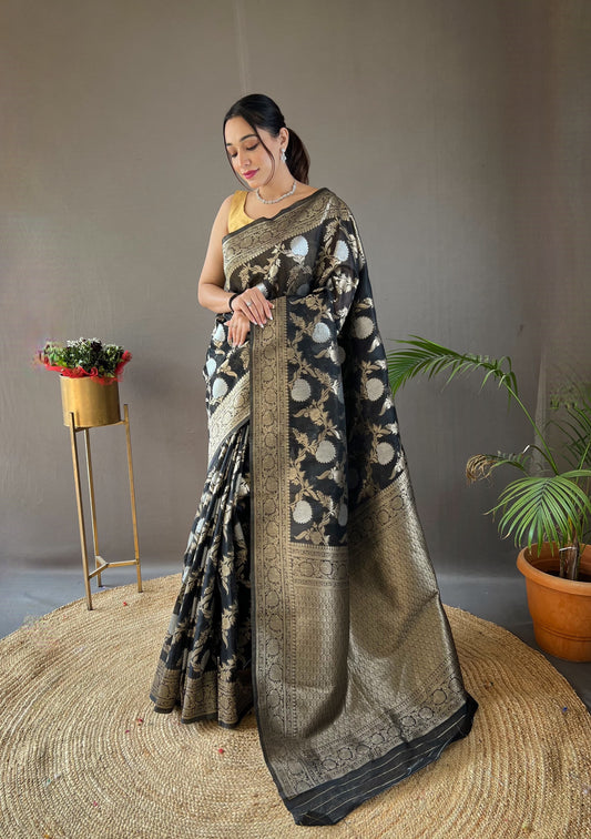 Function Wear Zari Weaving Cotton Black Color Saree