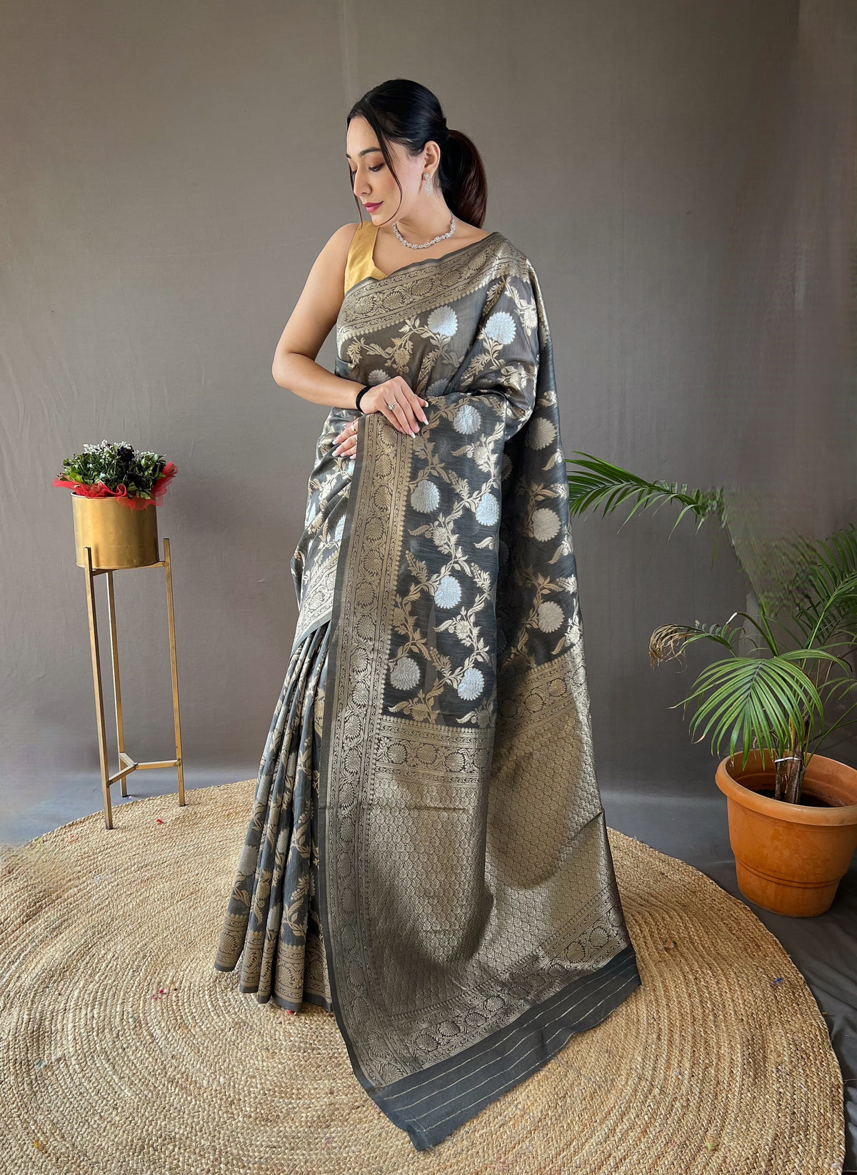 Function Wear Zari Weaving Cotton Grey Color Saree