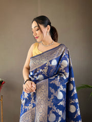 Function Wear Zari Weaving Cotton Navy Blue Color Saree