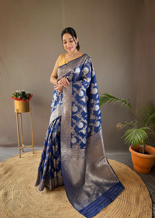 Function Wear Zari Weaving Cotton Navy Blue Color Saree