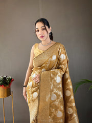 Function Wear Zari Weaving Cotton Musterd Color Saree