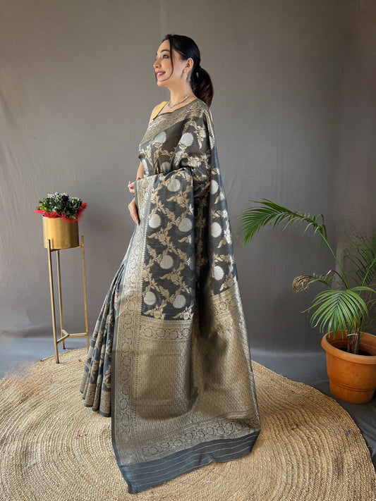 Function Wear Zari Weaving Cotton Grey Color Saree