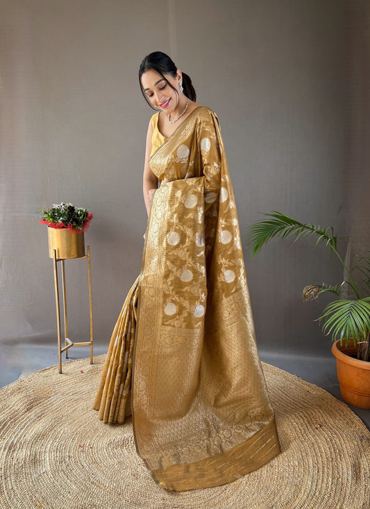 Function Wear Zari Weaving Cotton Musterd Color Saree