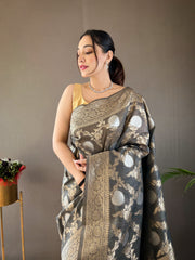 Function Wear Zari Weaving Cotton Grey Color Saree