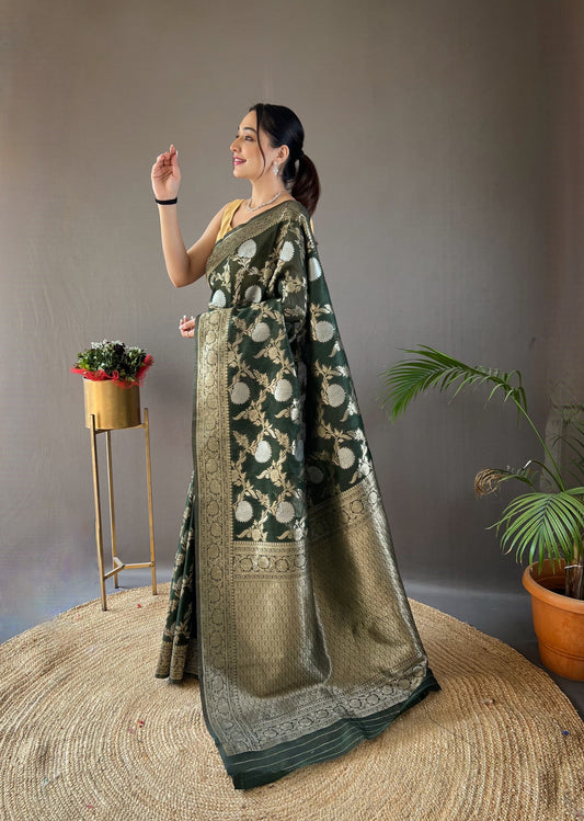 Function Wear Zari Weaving Cotton Mehndi Color Saree