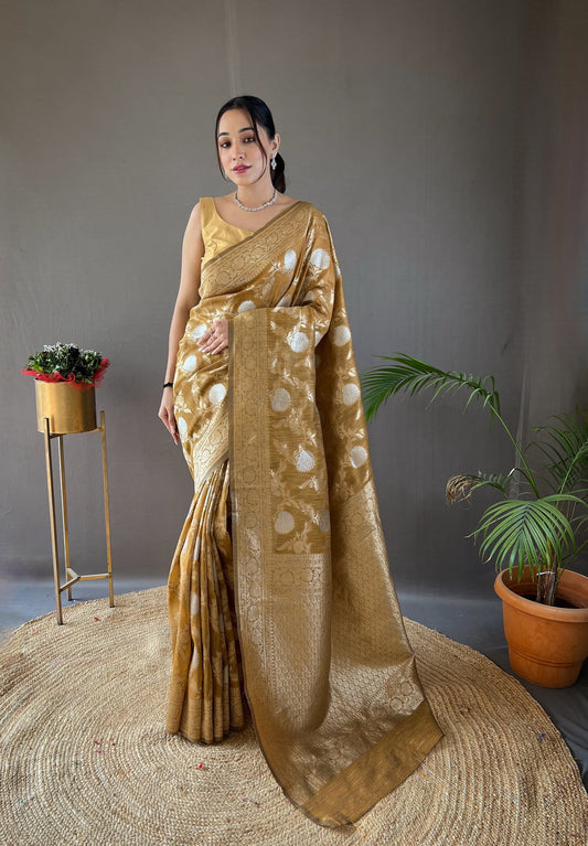 Function Wear Zari Weaving Cotton Musterd Color Saree