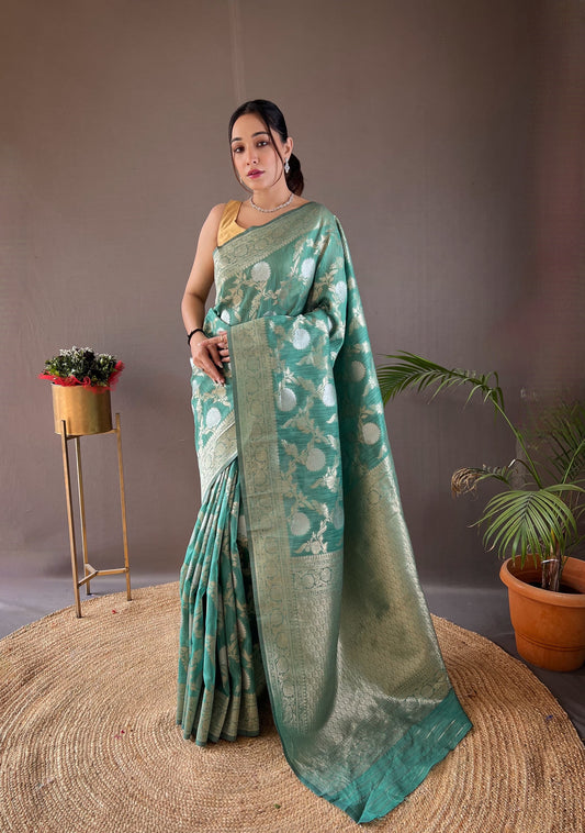 Function Wear Zari Weaving Cotton Aqua Blue Color Saree