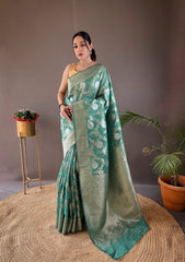 Function Wear Zari Weaving Cotton Aqua Blue Color Saree