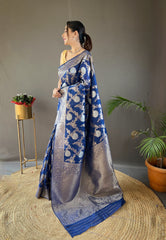 Function Wear Zari Weaving Cotton Navy Blue Color Saree