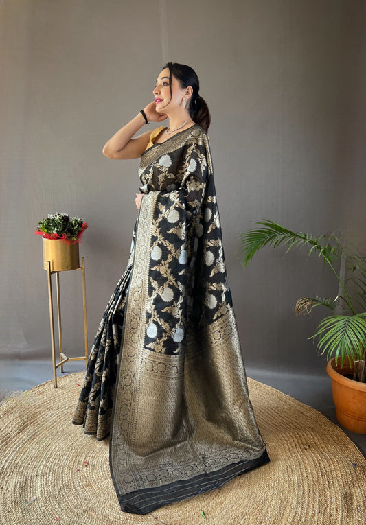 Function Wear Zari Weaving Cotton Black Color Saree