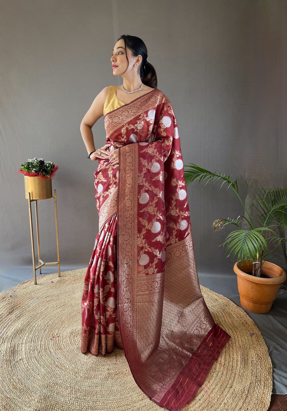 Function Wear Zari Weaving Cotton Red Color Saree