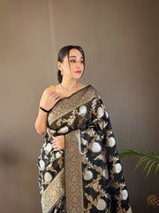 Function Wear Zari Weaving Cotton Black Color Saree