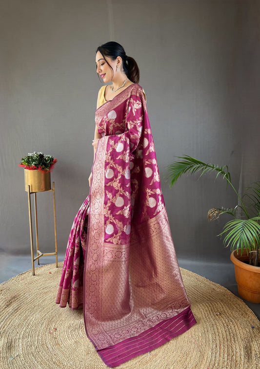 Function Wear Zari Weaving Cotton Wine Color Saree