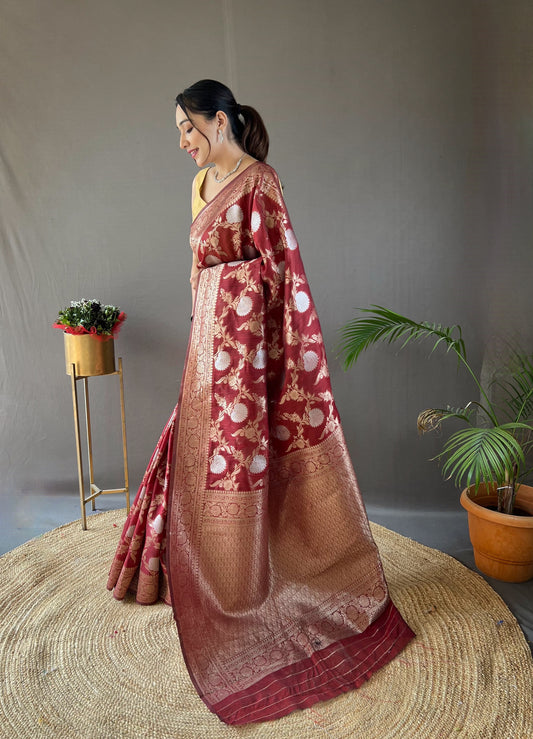 Function Wear Zari Weaving Cotton Red Color Saree