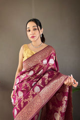 Function Wear Zari Weaving Cotton Wine Color Saree