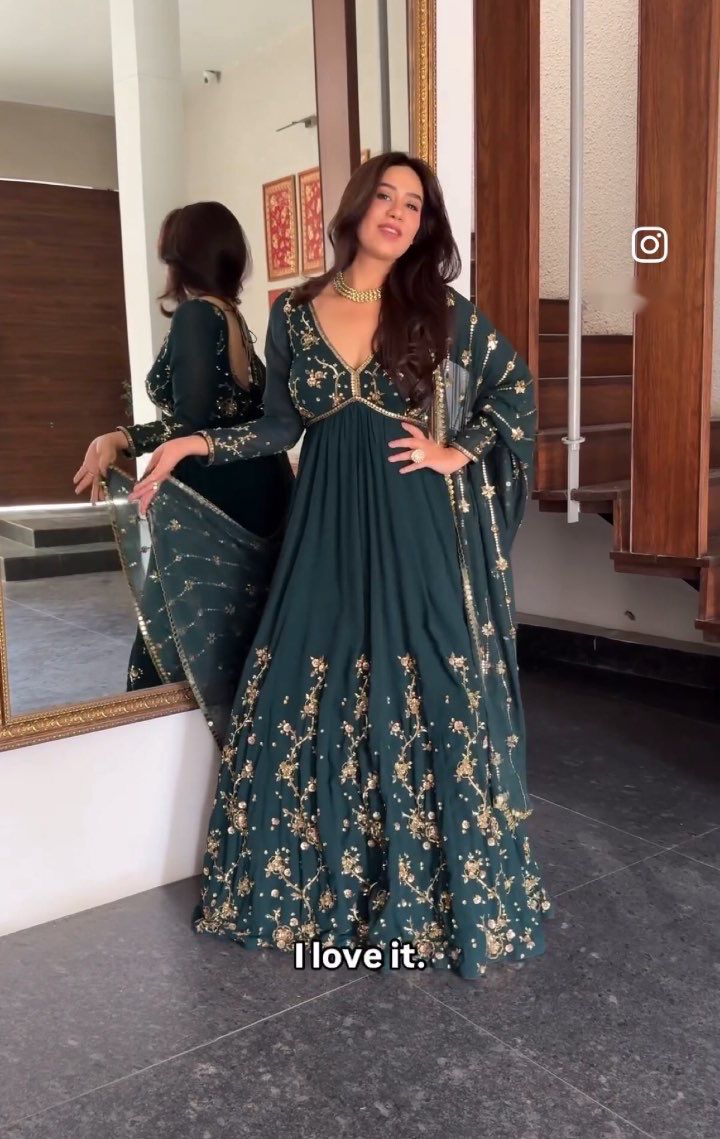 Traditional Wear Embroidery Work Green Color Gown