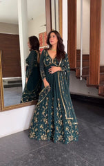 Traditional Wear Embroidery Work Green Color Gown