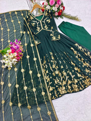 Traditional Wear Embroidery Work Green Color Gown