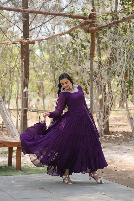 Precious Purple Color Ruffle Flare Gown With Heavy Dupatta