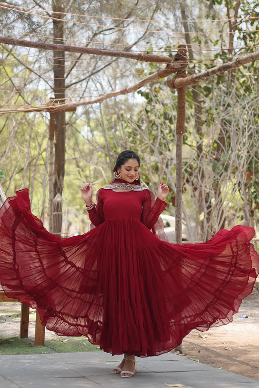 Precious Red Color Ruffle Flare Gown With Heavy Dupatta