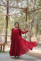 Precious Red Color Ruffle Flare Gown With Heavy Dupatta