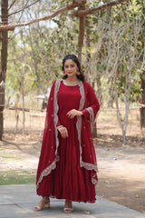 Precious Red Color Ruffle Flare Gown With Heavy Dupatta