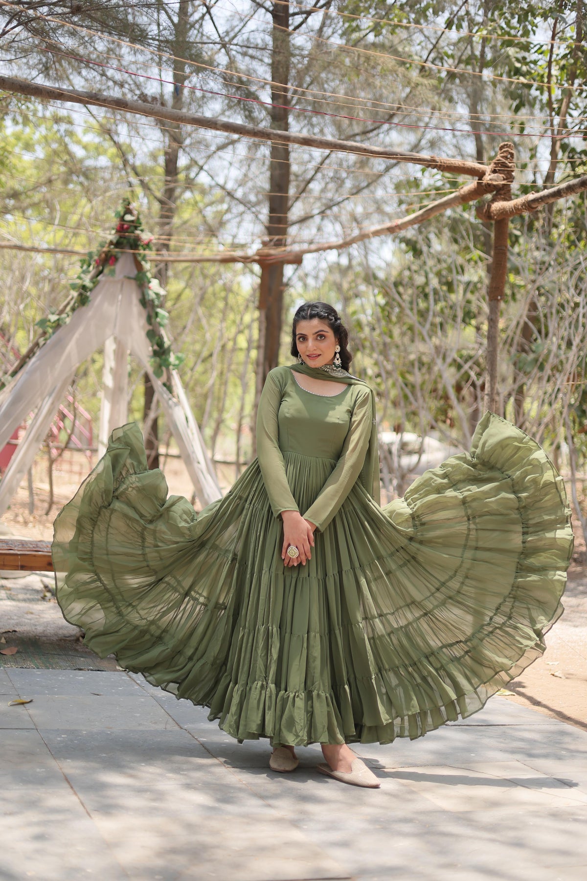 Precious Green Color Ruffle Flare Gown With Heavy Dupatta