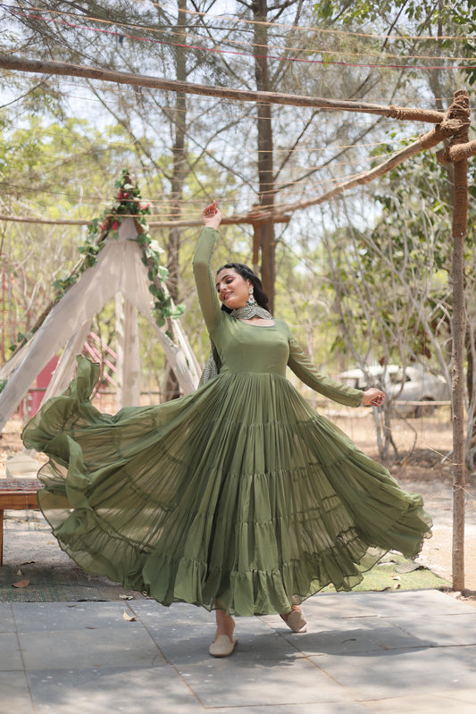 Precious Green Color Ruffle Flare Gown With Heavy Dupatta