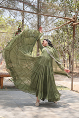 Precious Green Color Ruffle Flare Gown With Heavy Dupatta