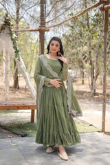 Precious Green Color Ruffle Flare Gown With Heavy Dupatta