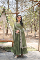 Precious Green Color Ruffle Flare Gown With Heavy Dupatta