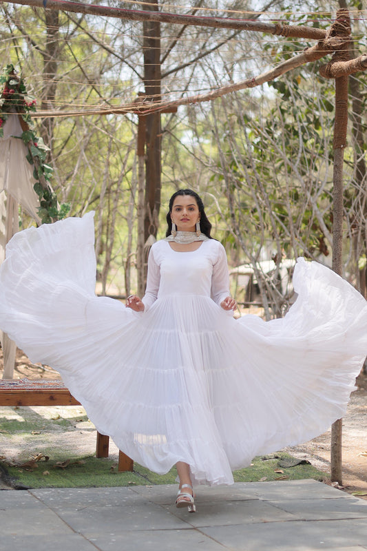 Precious White Color Ruffle Flare Gown With Heavy Dupatta