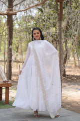 Precious White Color Ruffle Flare Gown With Heavy Dupatta