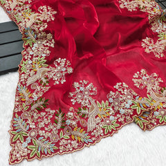 Traditional Wear Embroidery Work Red Color Saree