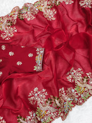 Traditional Wear Embroidery Work Red Color Saree