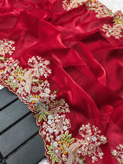 Traditional Wear Embroidery Work Red Color Saree