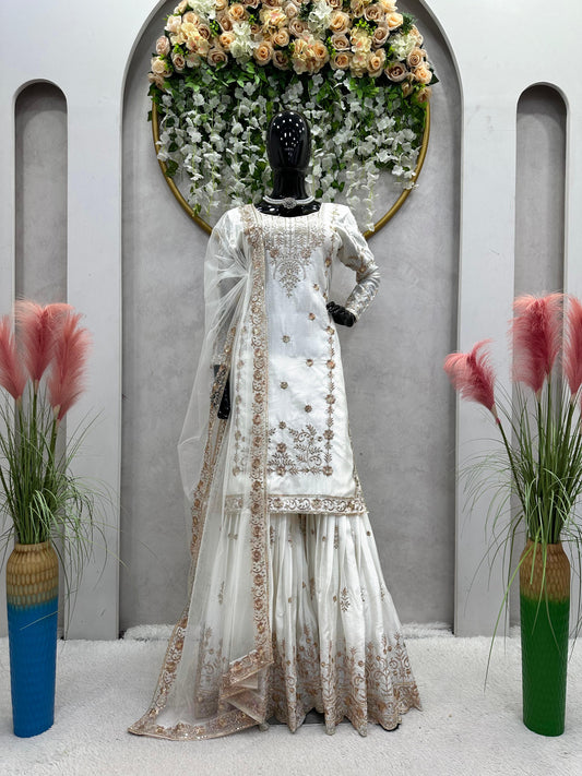 Classic Thread With Sequence Work White Color Sharara Suit